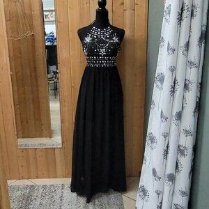 B Darlin Black Beaded Halter Evening Gown